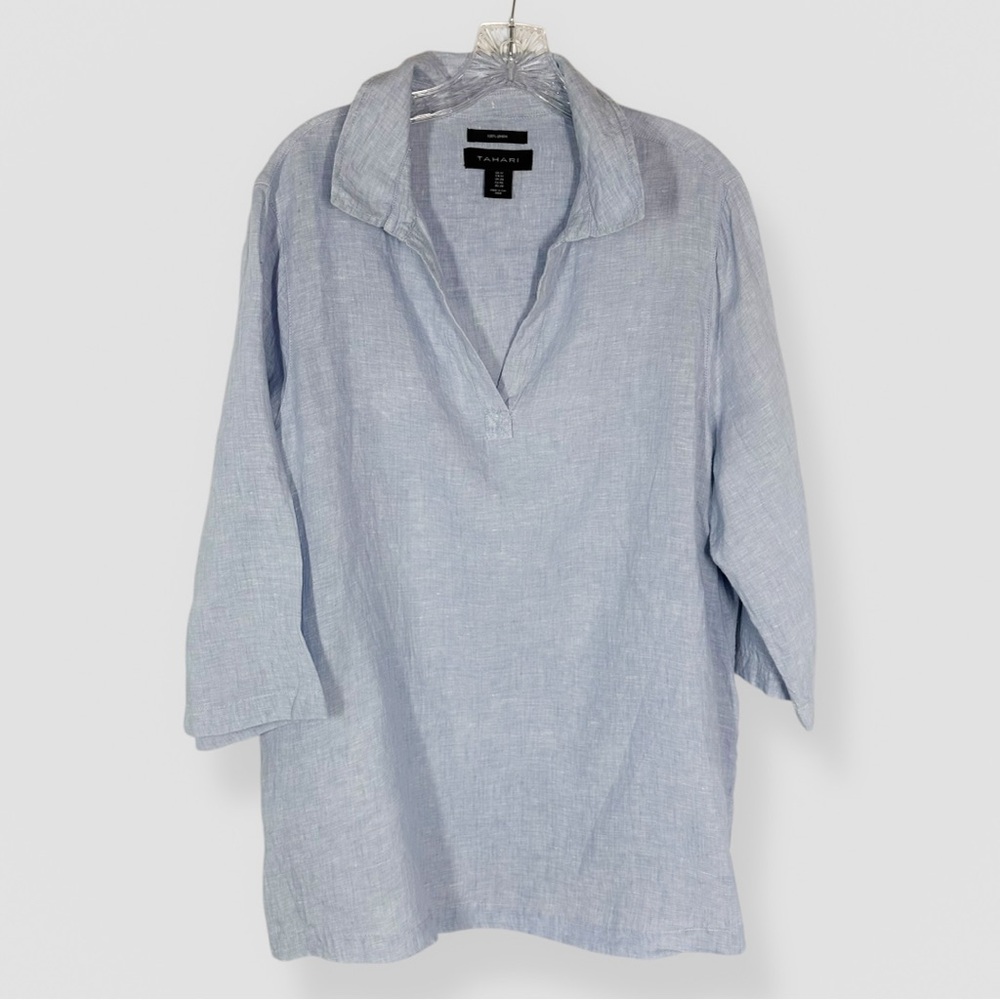 Tahari Blue White Striped 100% Linen 3/4 Sleeve Tunic Top Plus Size 1X Coastal